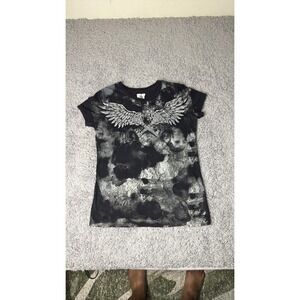 Vintage  L Miss Me Y2K Rhinestone Angel Wings Graphic Tee Black Grey Acid Wash.